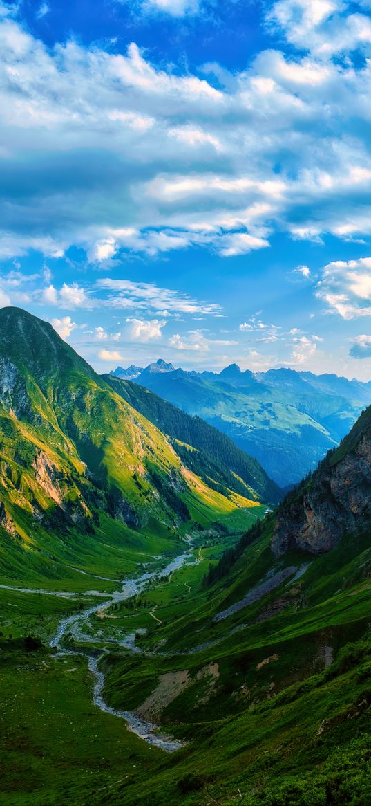 valley, stream, mountains, grass, landscape