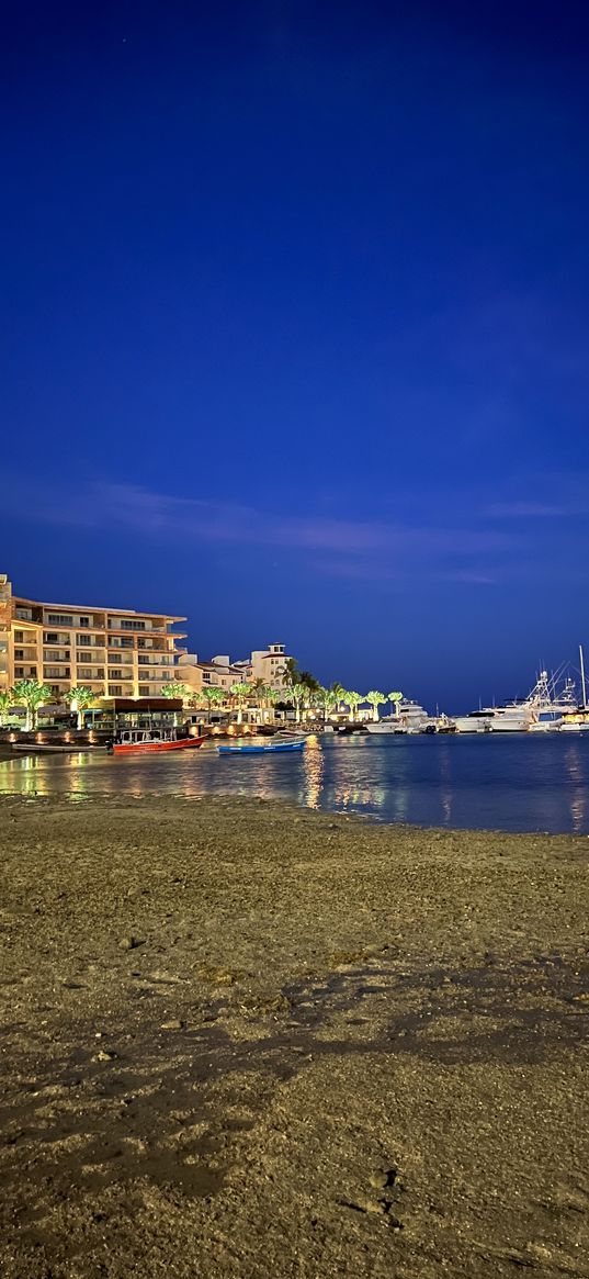 sand, beach, shore, sea, boats, hotel, lights, sky, resort, night