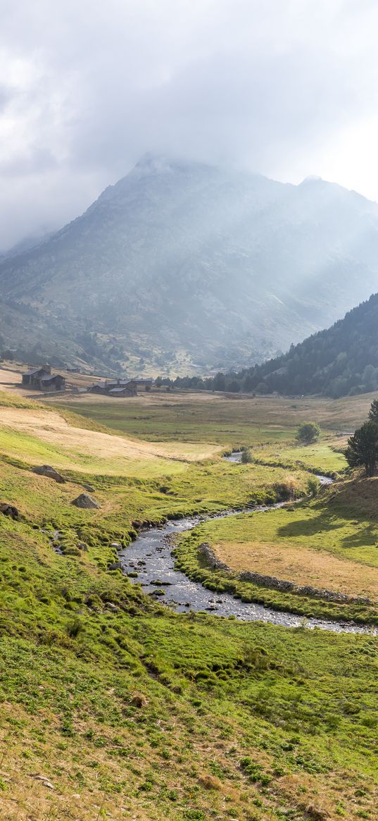 valley, stream, mountain, clouds, grass