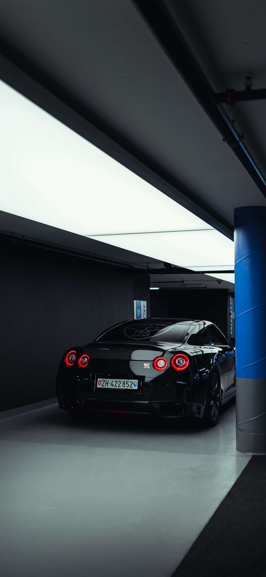 nissan gt-r, nissan, car, sports car, black, columns, parking