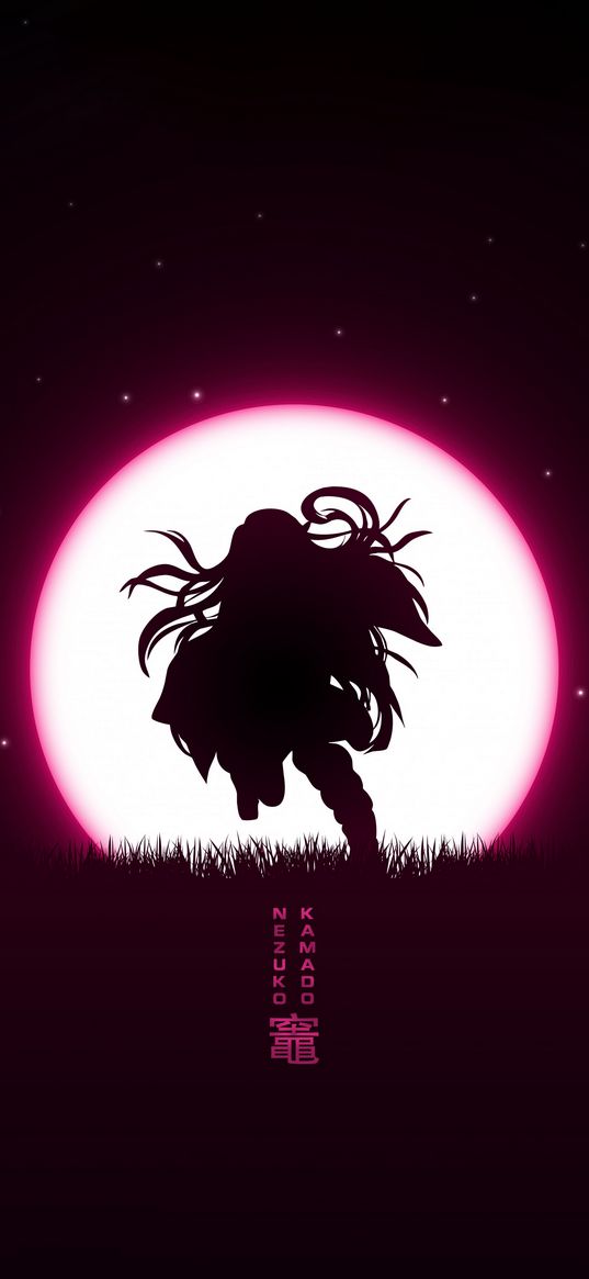 nezuko kamado, demon slayer, anime, silhouette, moon, art