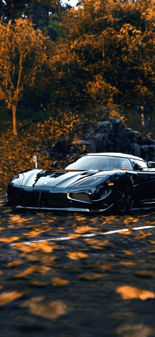 koenigsegg, car, black, road, leaves, autumn