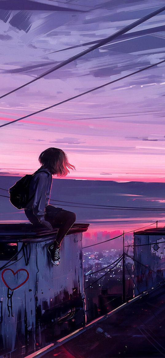 girl, backpack, roof, wires, sunset, sky, art