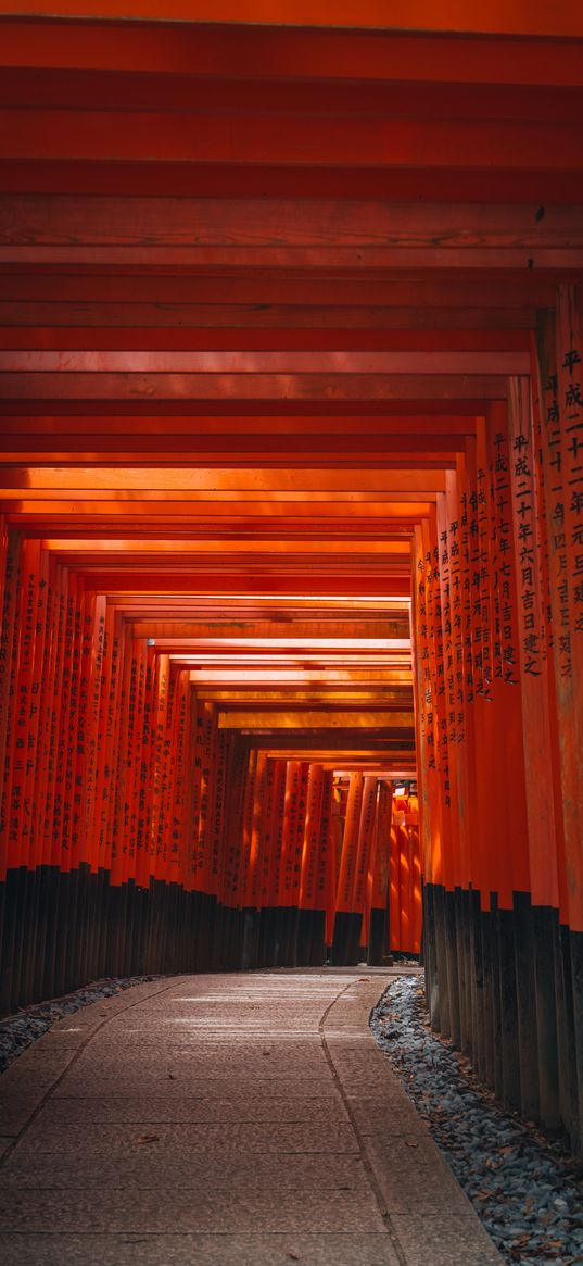 tunnel, torii gate, hieroglyphs, road