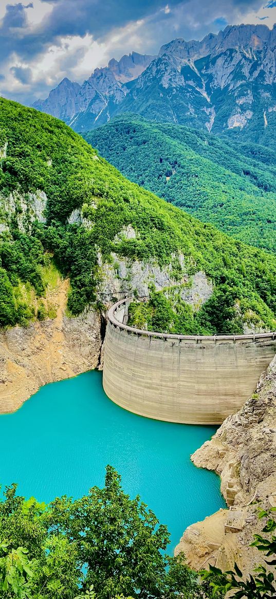 dam, river, mountains, hills, trees, forest, valley, landscape, nature