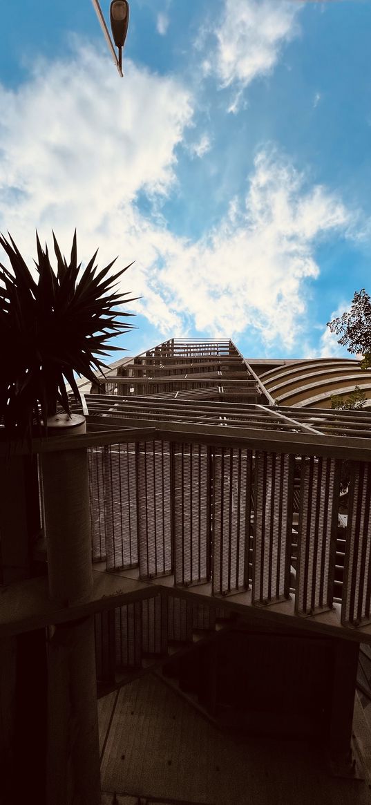 stairs, hotel, building, palm tree, tree, clouds, blue sky