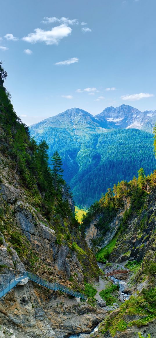 valley, trail, mountains, trees, nature