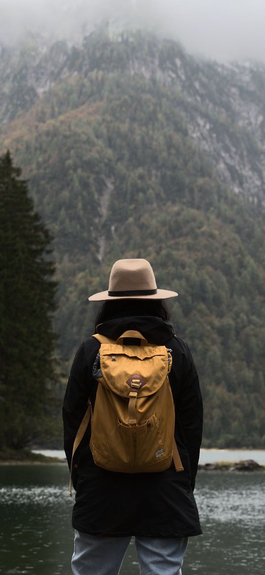 man, hat, river, trees, mountain, travels