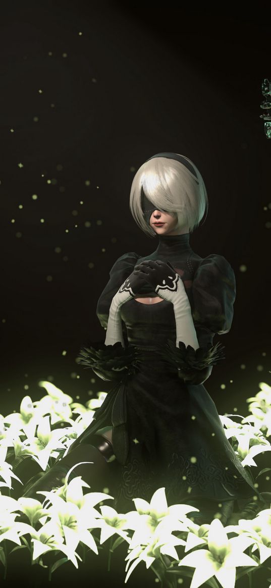 yorha 2b, nier automata, game, girl, dress, flowers, katana, sword, prayer, anime, art