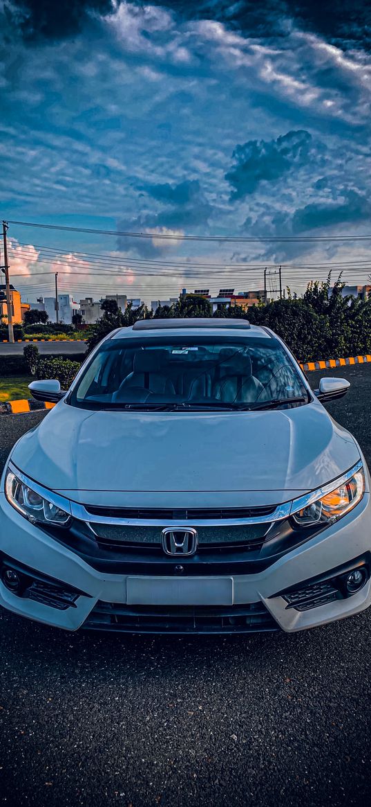 honda civic, honda, car, white, road, clouds, evening, city