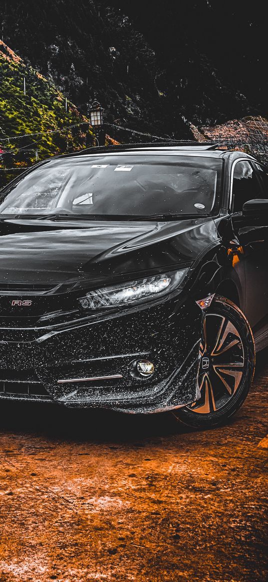 honda civic, honda, car, black, dirt, mountain, nature