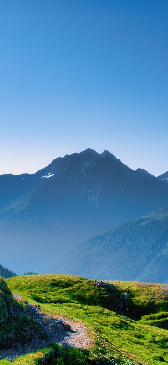 mountains, trail, grass, landscape