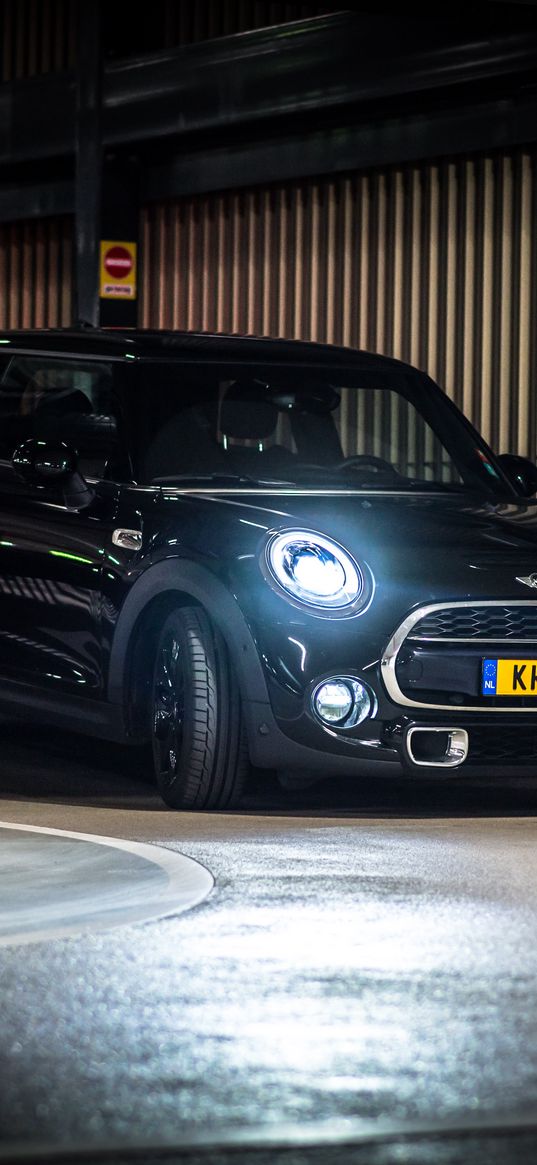 mini cooper, mini, car, black, headlights