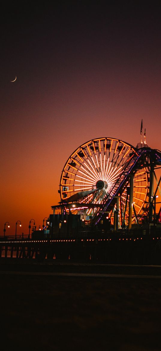 ferris wheel, amusement park, evening, sunset, moon