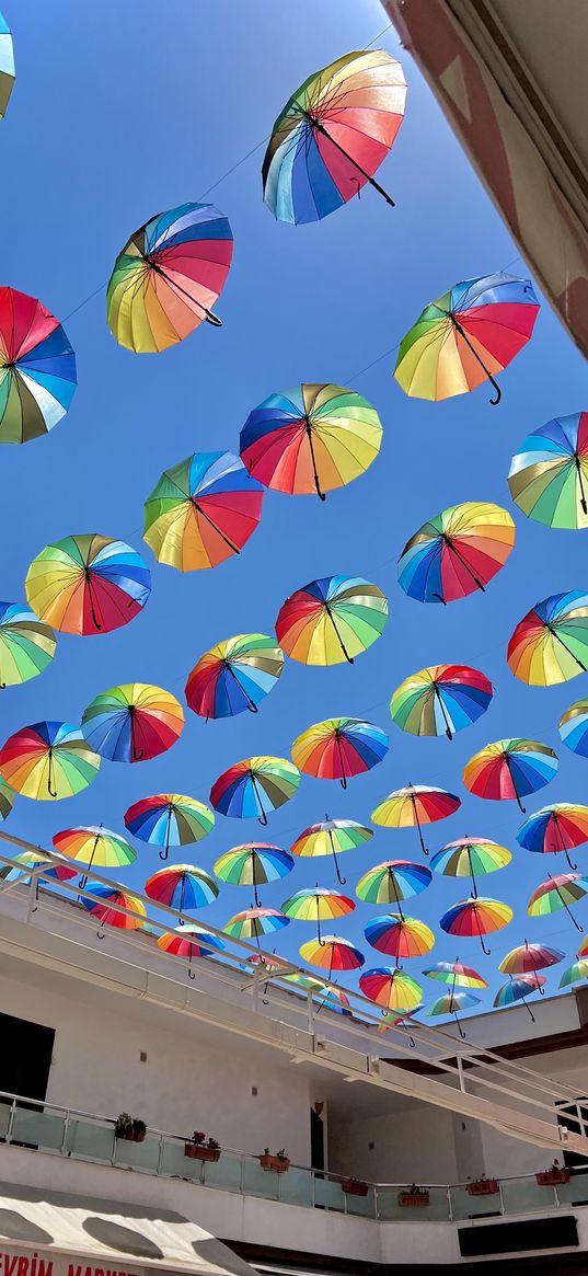 umbrellas, rainbow, hotel, building, blue sky