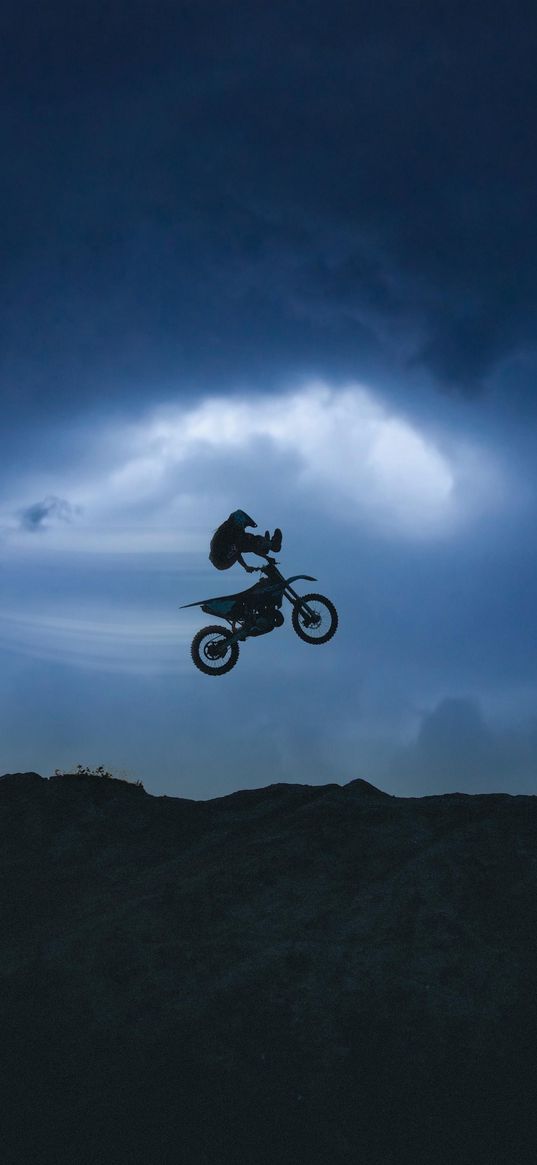 motorcycle, bike, biker, motorsport, stunt, jump, extreme, clouds, sky, dark