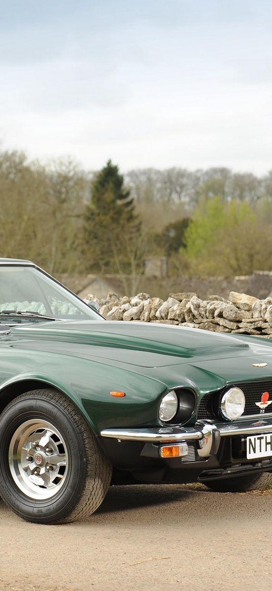 aston martin, v8, saloon, 1972, reen, side view, car, asphalt