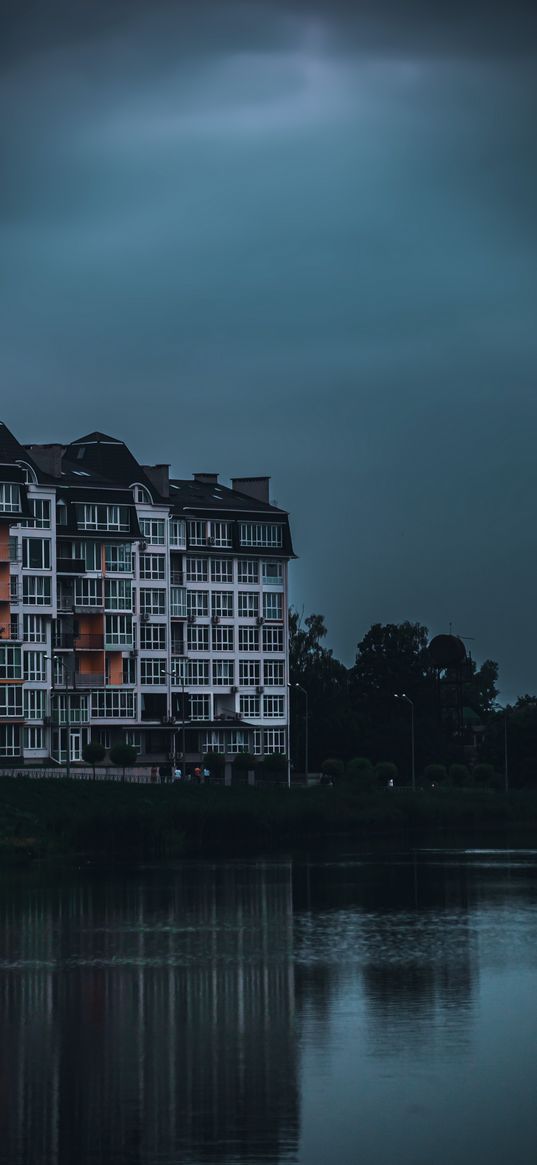 houses, buildings, architecture, river, street, people, cloudy, rainy, city