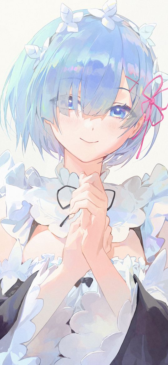 rem, re zero, anime, girl, art, maid, hands, smile