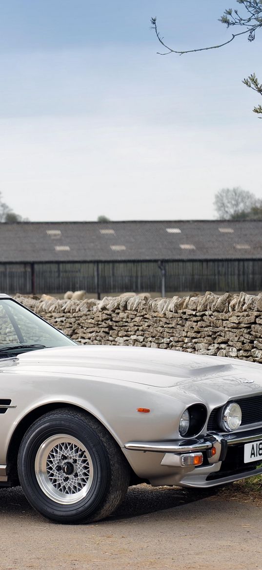 aston martin, v8, volante, 1977, white, side view, car, asphalt