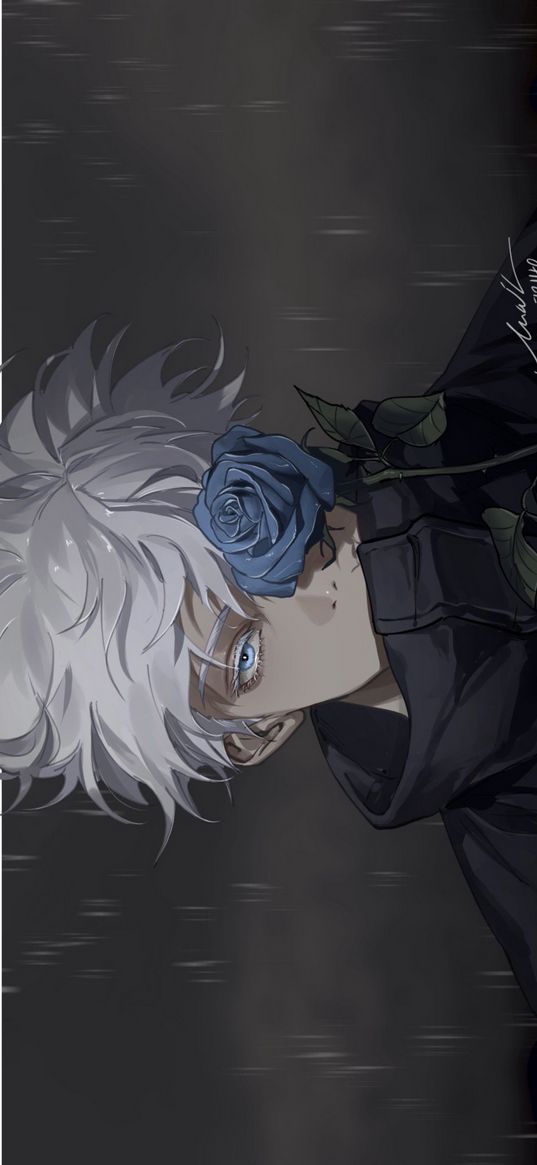 gojo satoru, magic battle, anime, guy, gray hair, rose, art