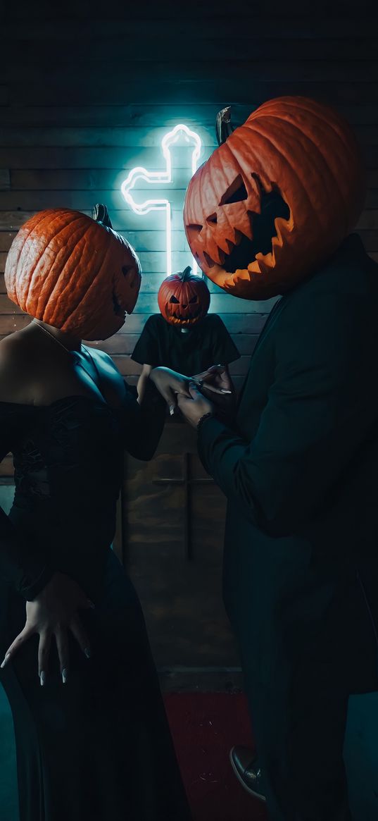 pumpkins, couple, newlyweds, priest, wedding, cross, neon, halloween