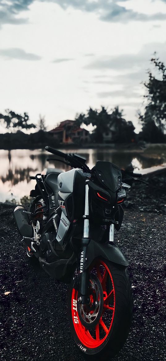 motorcycle, bike, lake, trees, houses, nature