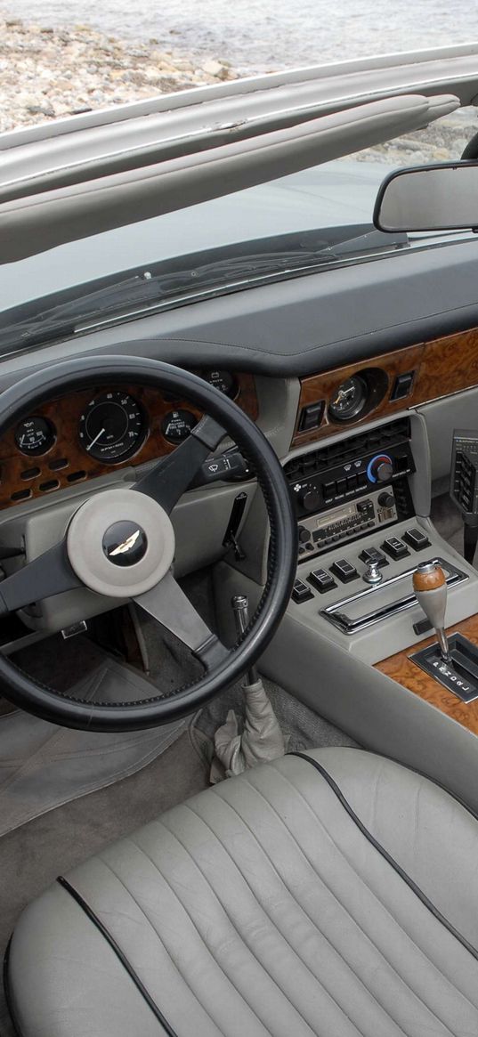 aston martin, v8, volante, 1977, gray, salon, interior, steering wheel, speedometer