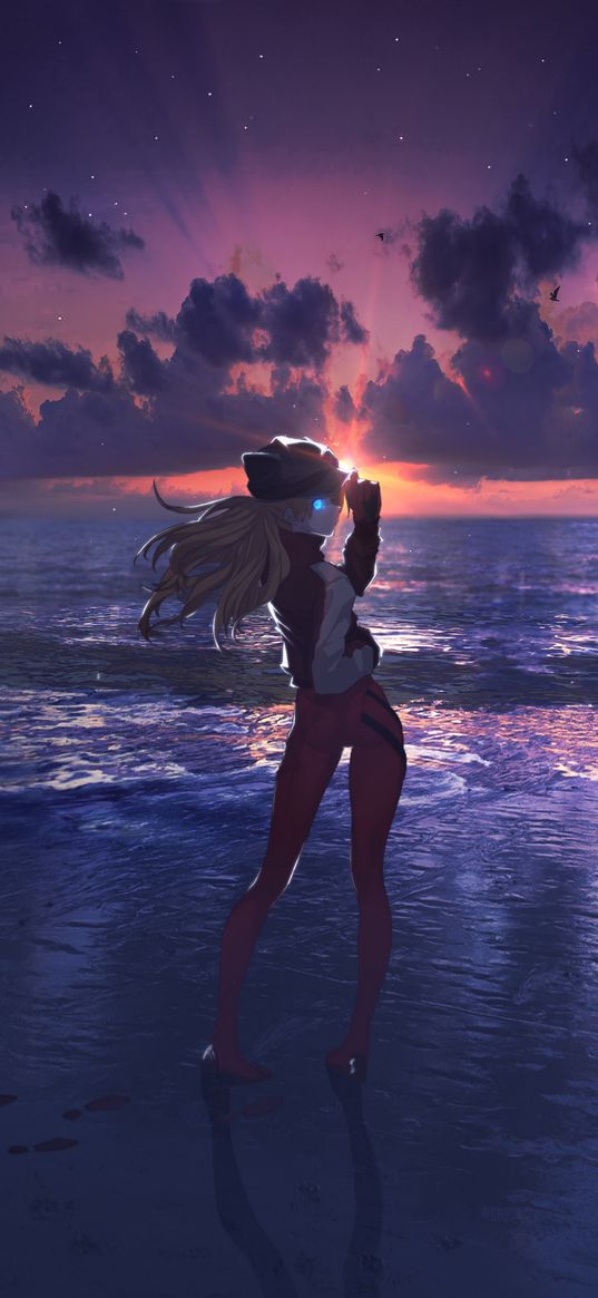 asuka langley soryu, evangelion, anime, girl, cap, sea, clouds, sunset, art