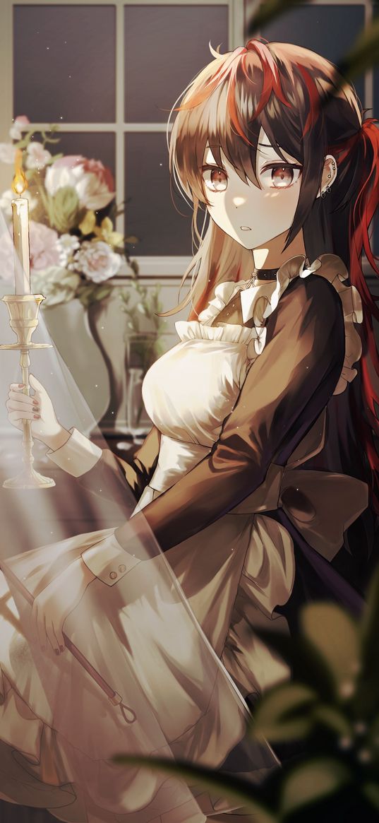 maid, girl, apron, candle, cleaning, curtain, flowers, house, anime, art