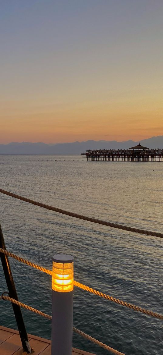 pier, lantern, sea, beach, hotel, resort, sunset, nature