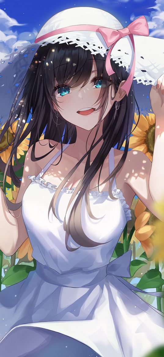 girl, beautiful, funny, dress, hat, sunflowers, anime, art