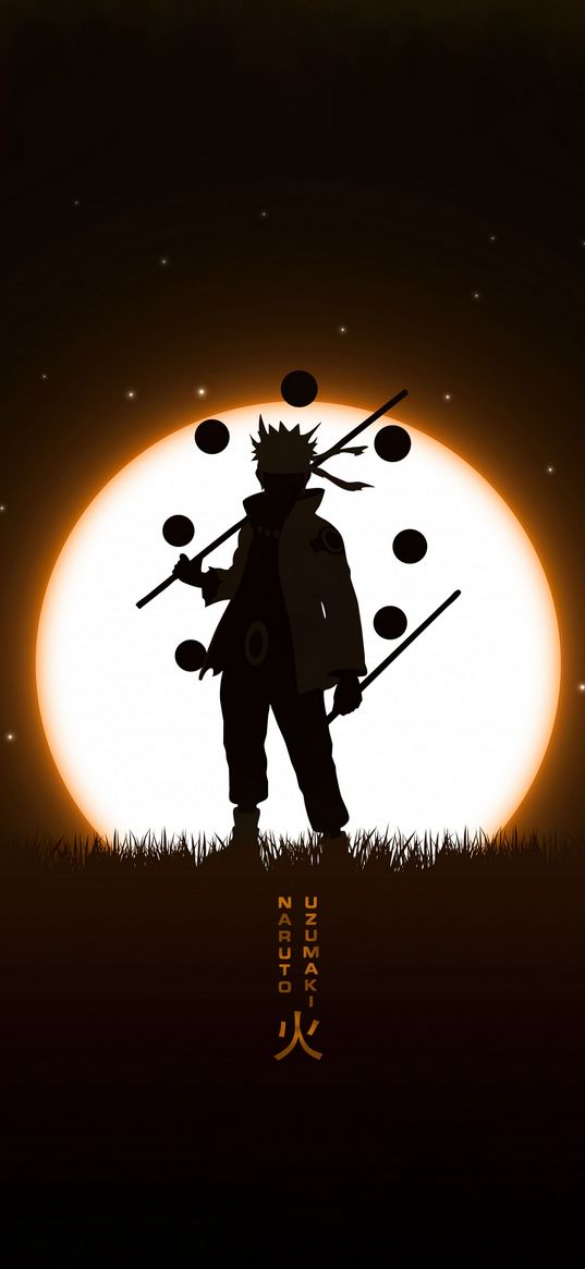 naruto uzumaki, naruto, anime, character, silhouette, moon, inscription, art