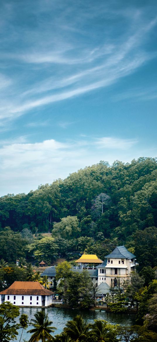 water, houses, forest, trees, sky, clouds, island, sri lanka