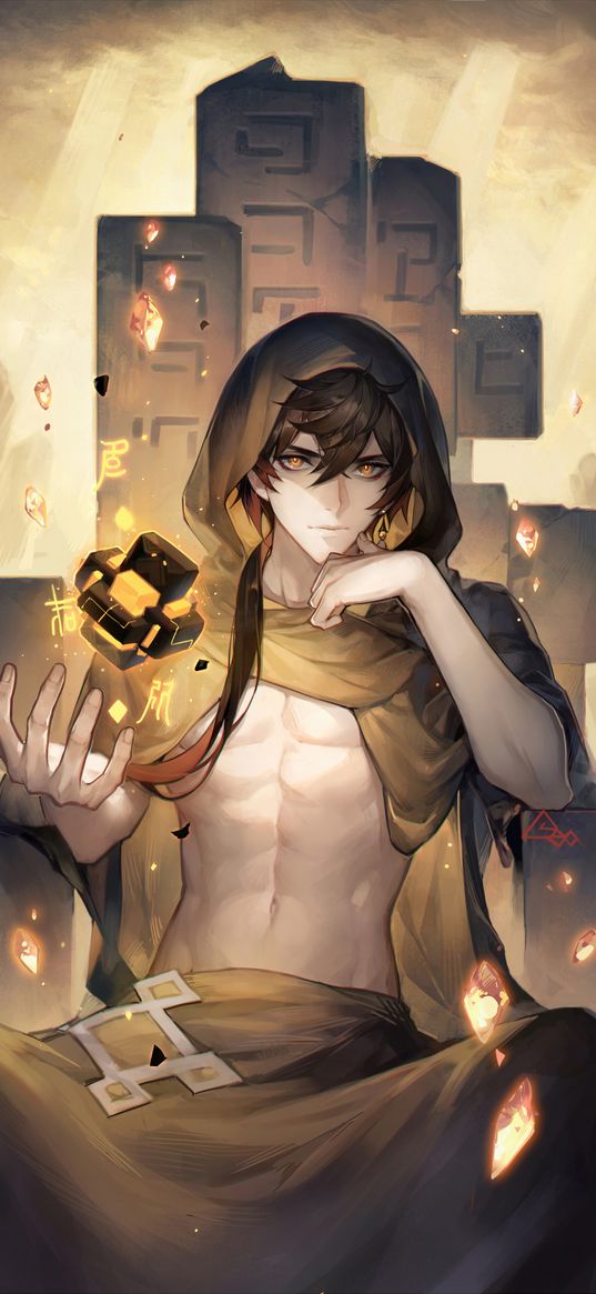 boy, anime, art, cape, cube, symbols