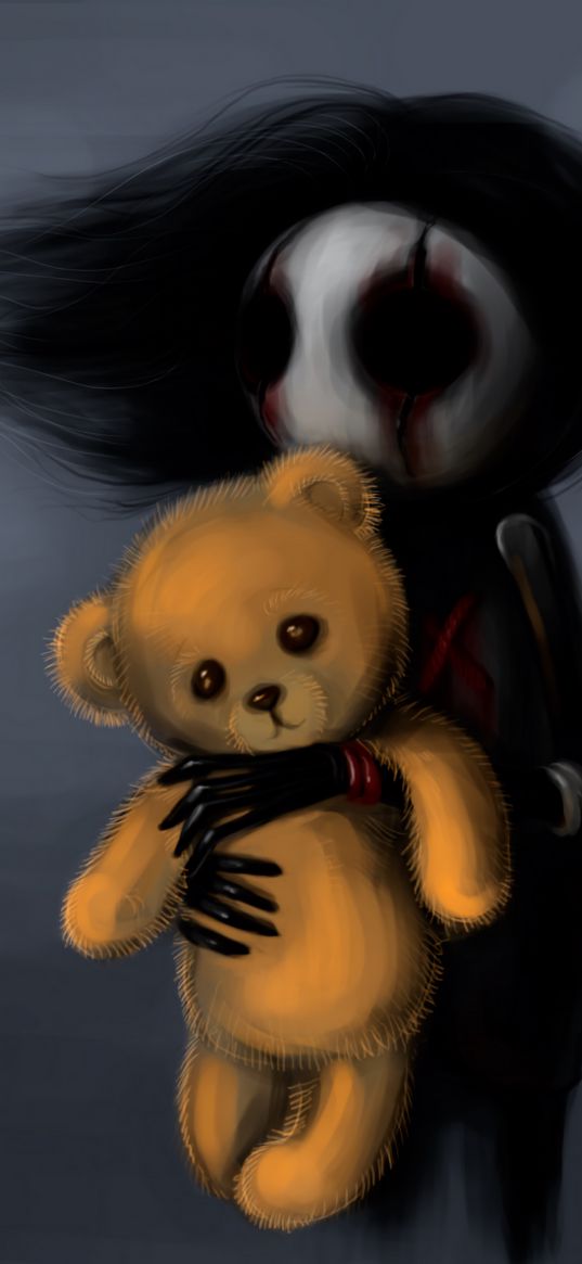 girl, bear, toy, gothic, dark, gloomy, art