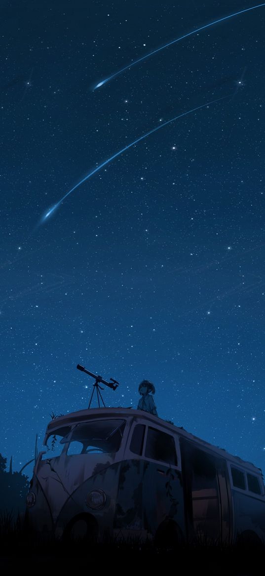 girl, anime, art, bus, telescope, starry sky