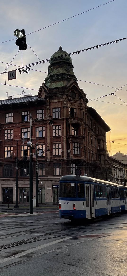 building, tram, street, city, krakow