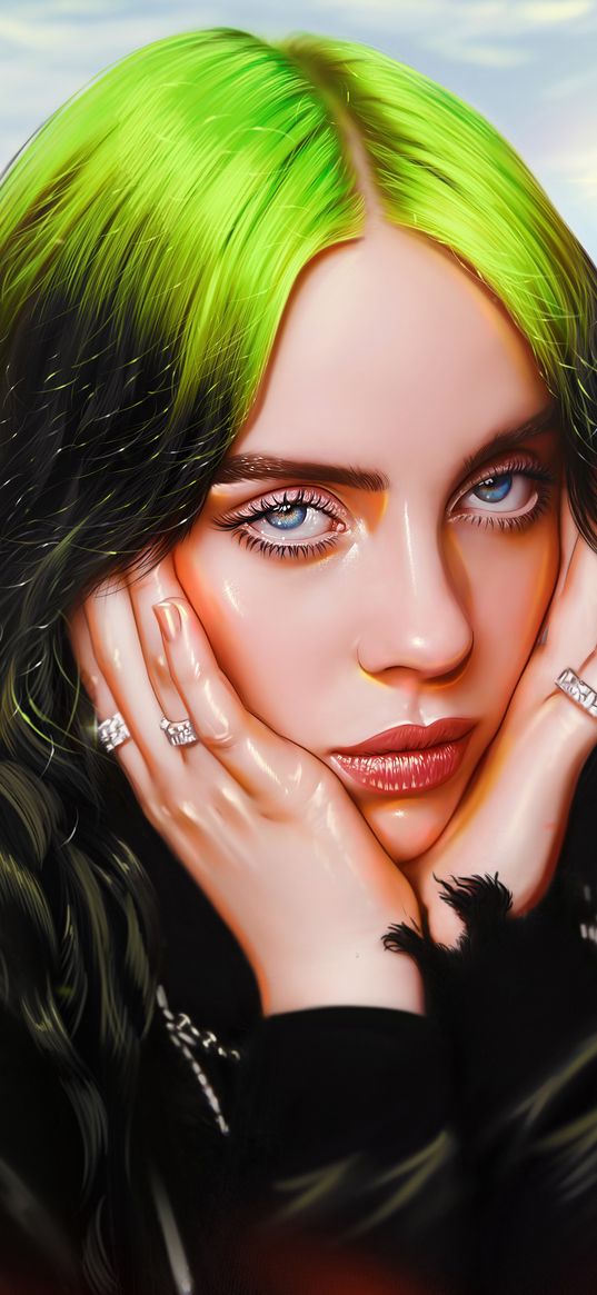 billie eilish, singer, girl, green hair, beautiful, cute, art