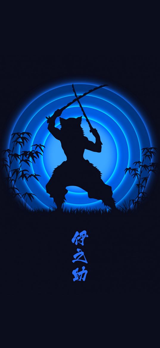 werewolf, samurai, warrior, katanas, swords, circles, hieroglyphs, blue, black background, art