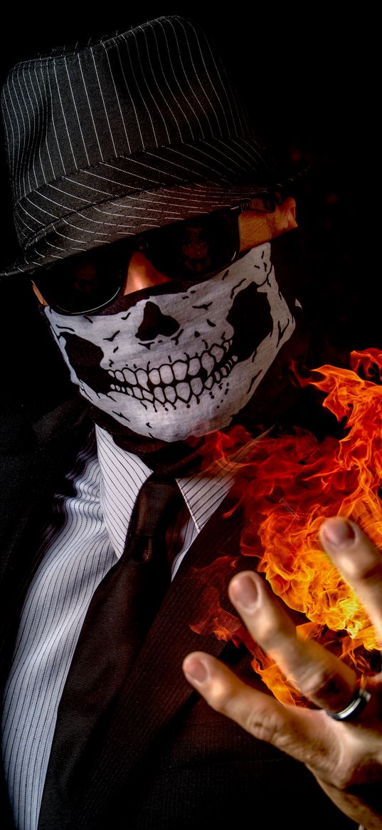 man, hat, glasses, mask, fire, focus, black background