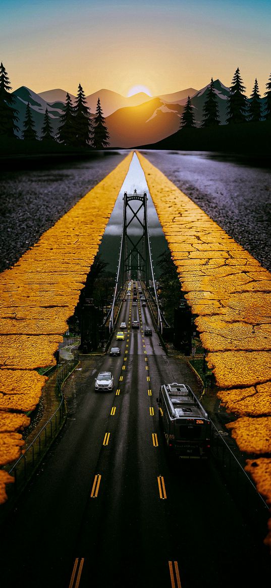 road, bridge, cars, markings, forest, mountains, sun, sunset, illusion, nature