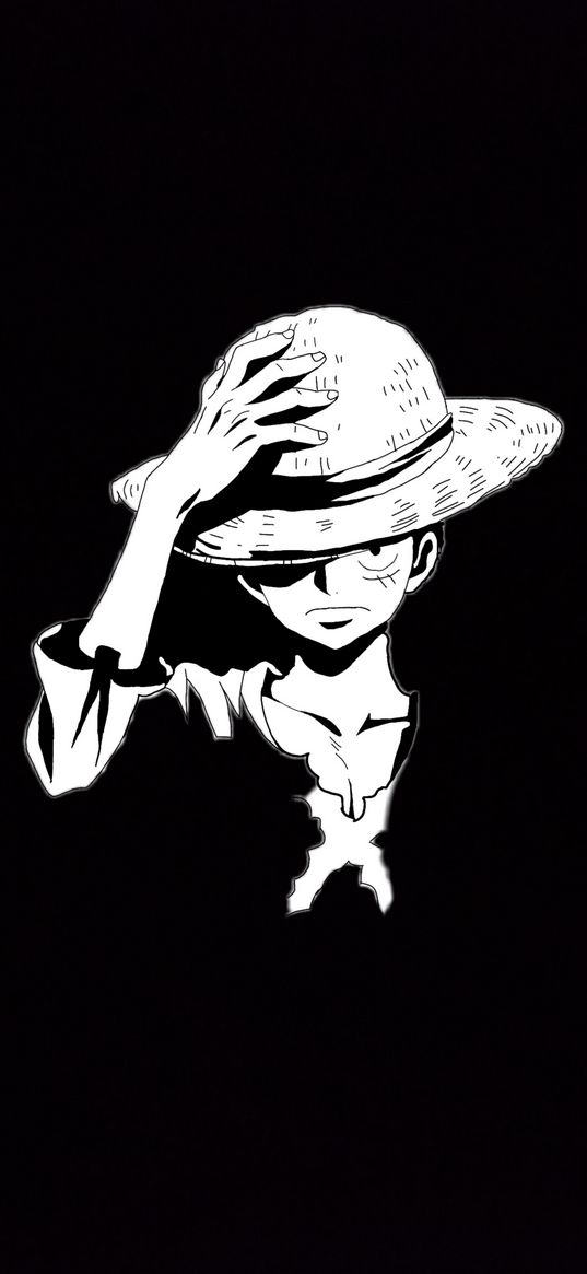 luffy, one piece, anime, guy, hat, black and white, art