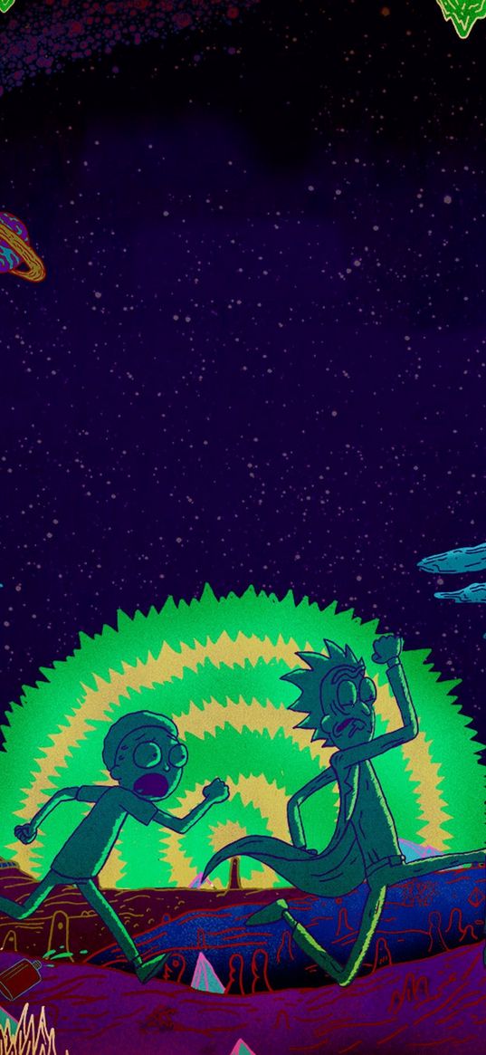 rick and morty, cartoon, guy, scientist, planet, space, adventure, portal, art