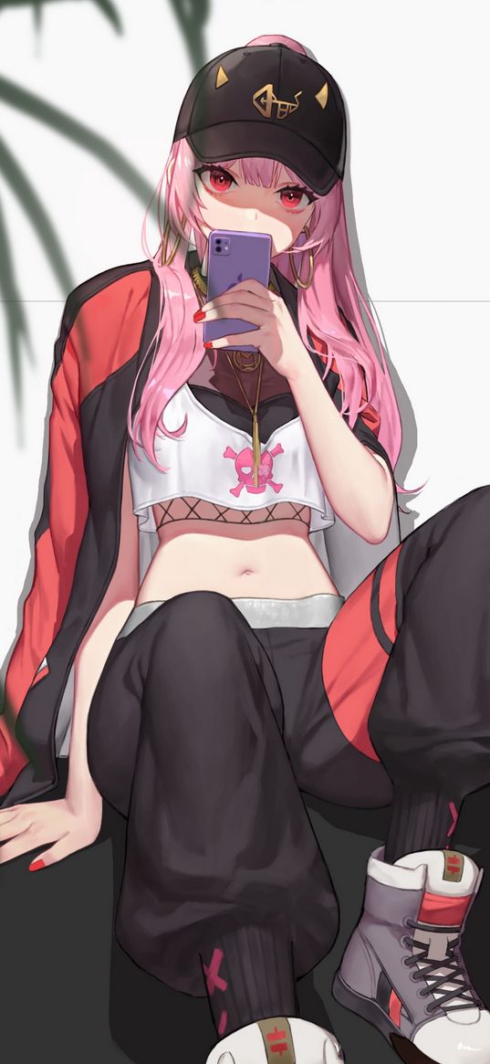 calliope mori, hololive, anime, girl, beautiful, fashionable, smartphone, pink hair, art