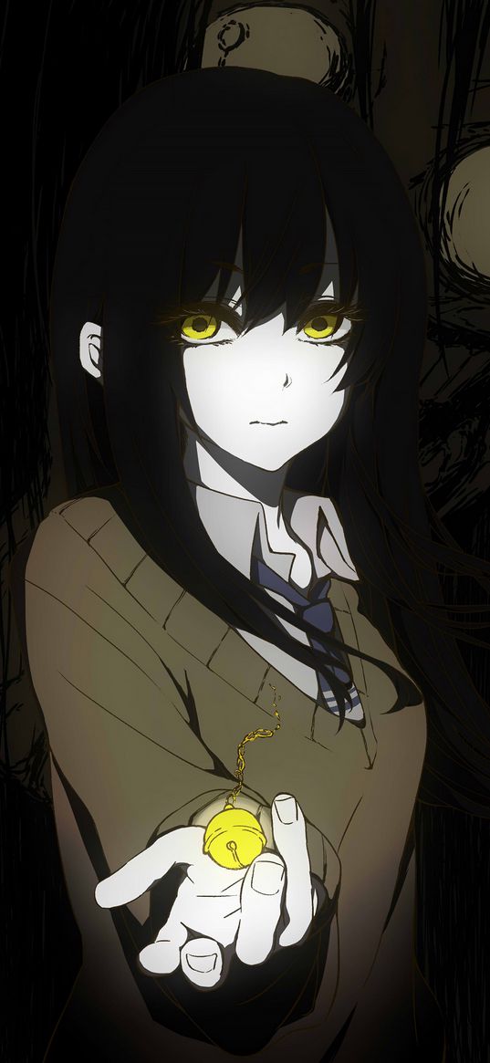 mieruko-chan, anime, horror, girl, monster, ghost, yellow eyes, bell, art