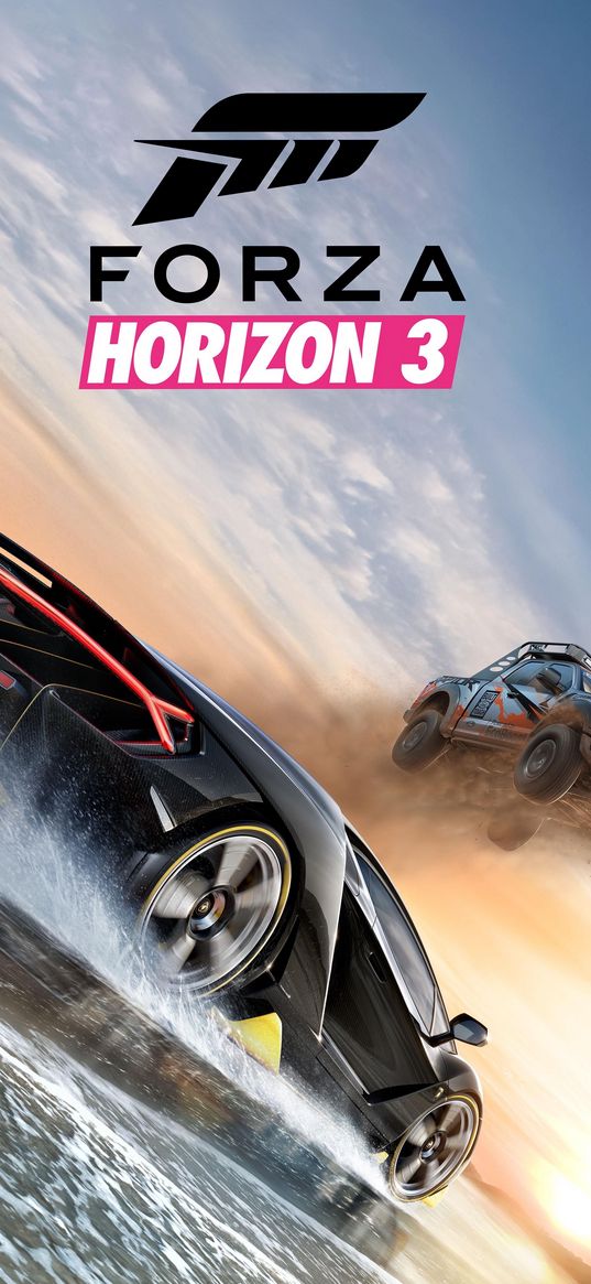 forza horizon 3, game, racing, sports car, jeep, cars, water, sunset, clouds, sky, poster