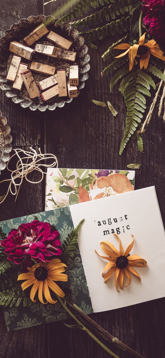 flowers, postcard, board, tree, aesthetics, composition