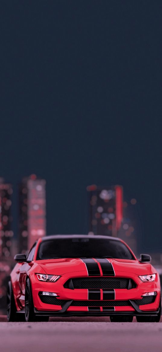 ford mustang, ford, sports car, car, red, skyscrapers, city, night