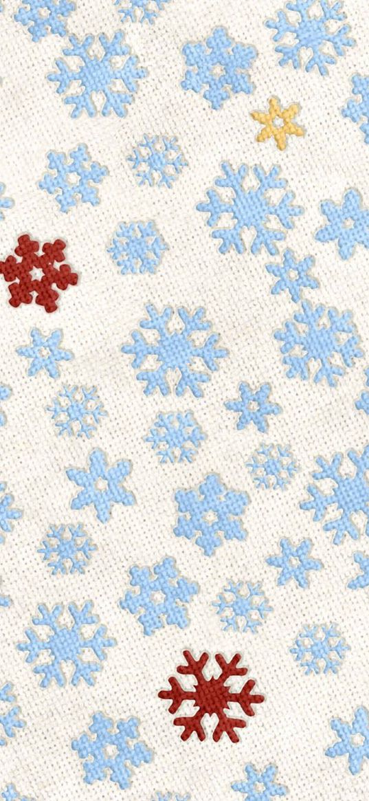 white background, blue, yellow, red, snowflakes, tissue